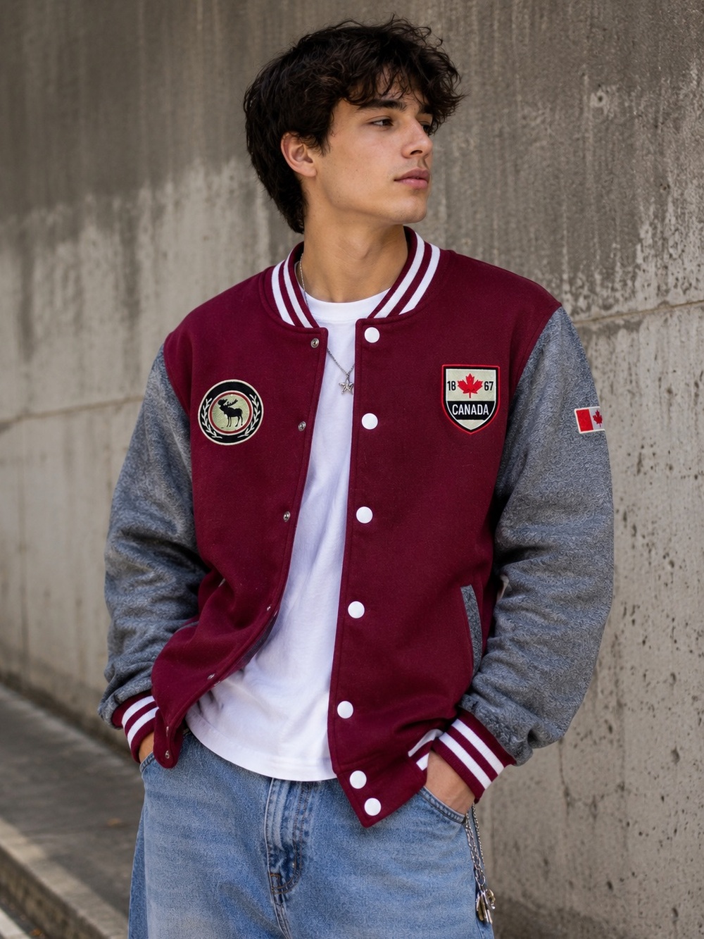 Canadian Vintage Varsity Bomber Jacket Red Gray Patch Coat Small Unisex